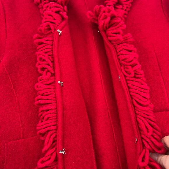 Vintage Lisa International Boiled Wool Cardigan Sweater Large Red V Neck Fringe - Picture 8 of 10